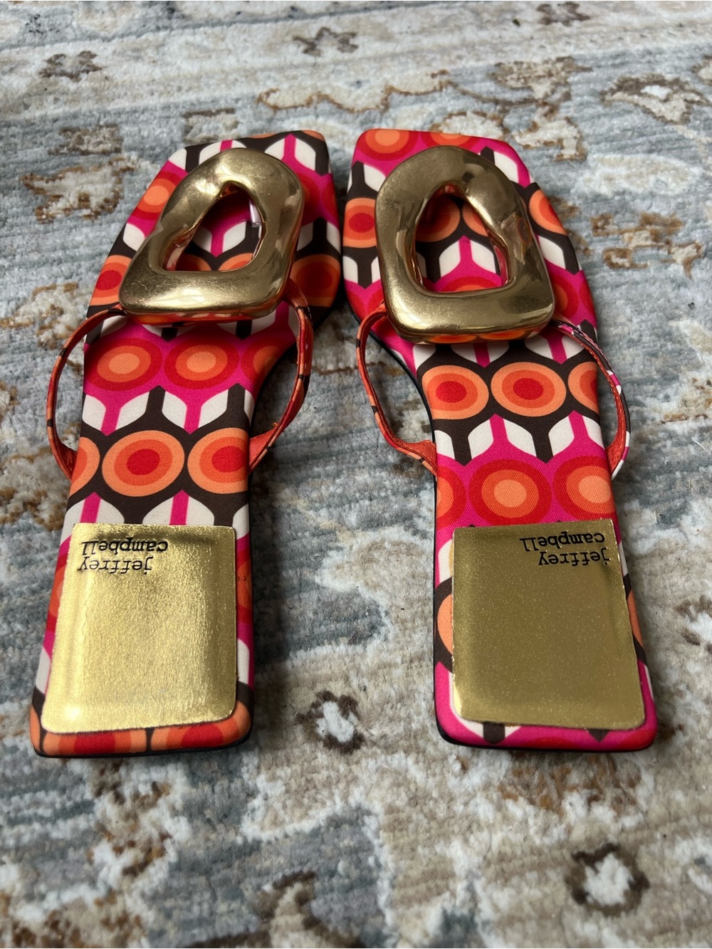 Jeffrey Campbell Red & Orange Geometric Slide Sandals with Gold Oval Accent - Picture 8 of 9